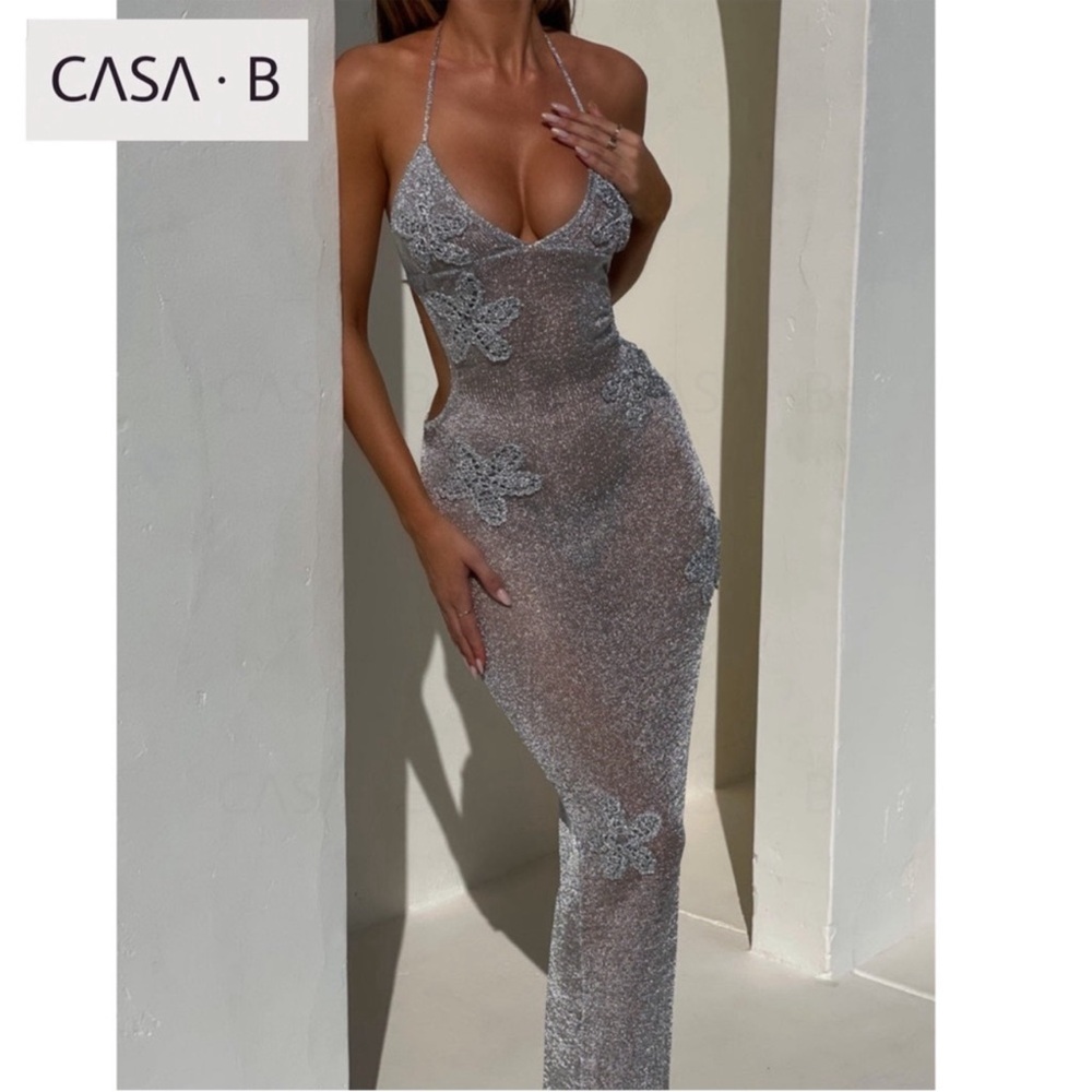 NEW💫 CASA B| The Celestine Crystal Mesh Silver Halter Flower appliqué Maxi Dress - Picture 4 of 7